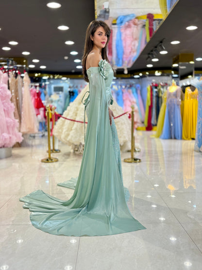 Elegant Off-Shoulder Embellished Evening Gown with Draped Sleeves