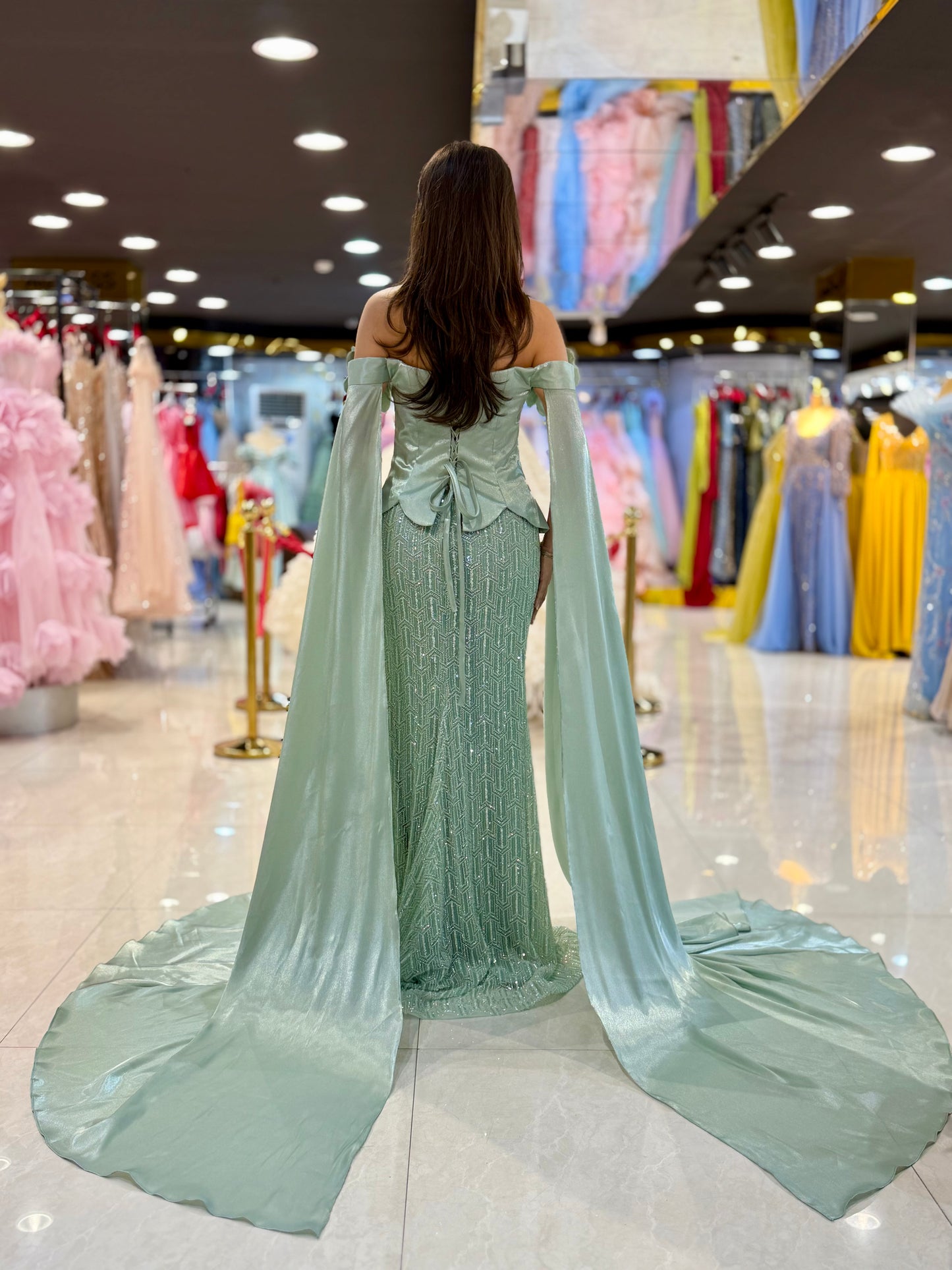 Elegant Off-Shoulder Embellished Evening Gown with Draped Sleeves