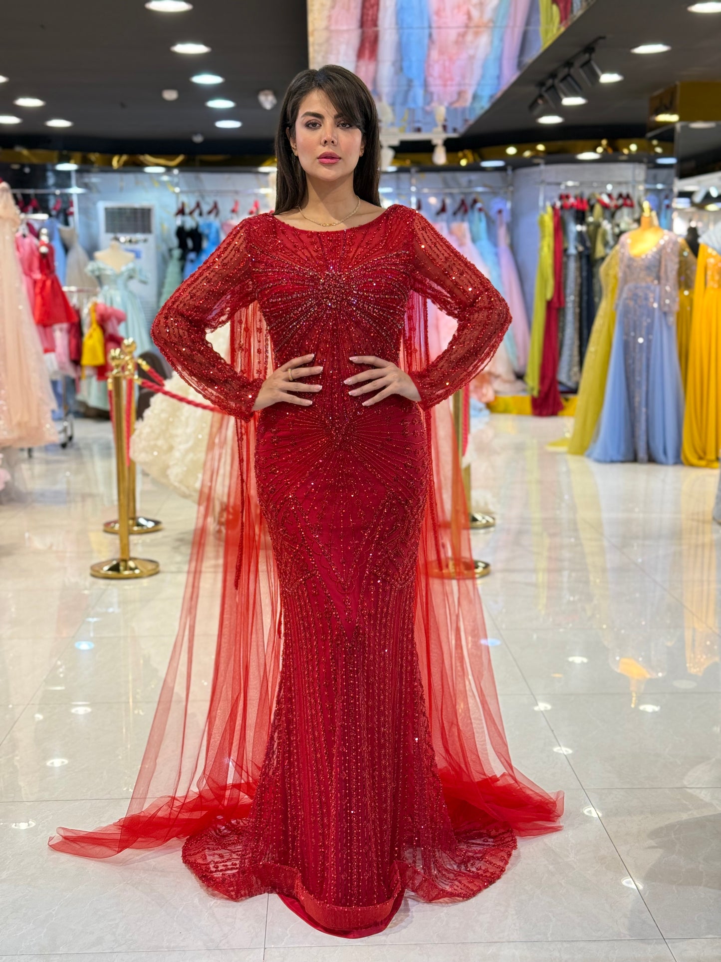 Elegant Beaded Cape Sleeve Evening Gown