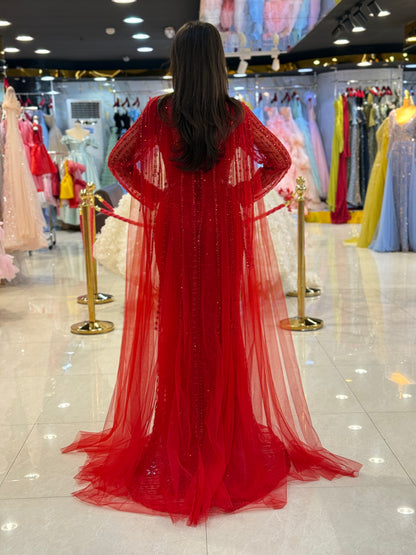Elegant Beaded Cape Sleeve Evening Gown
