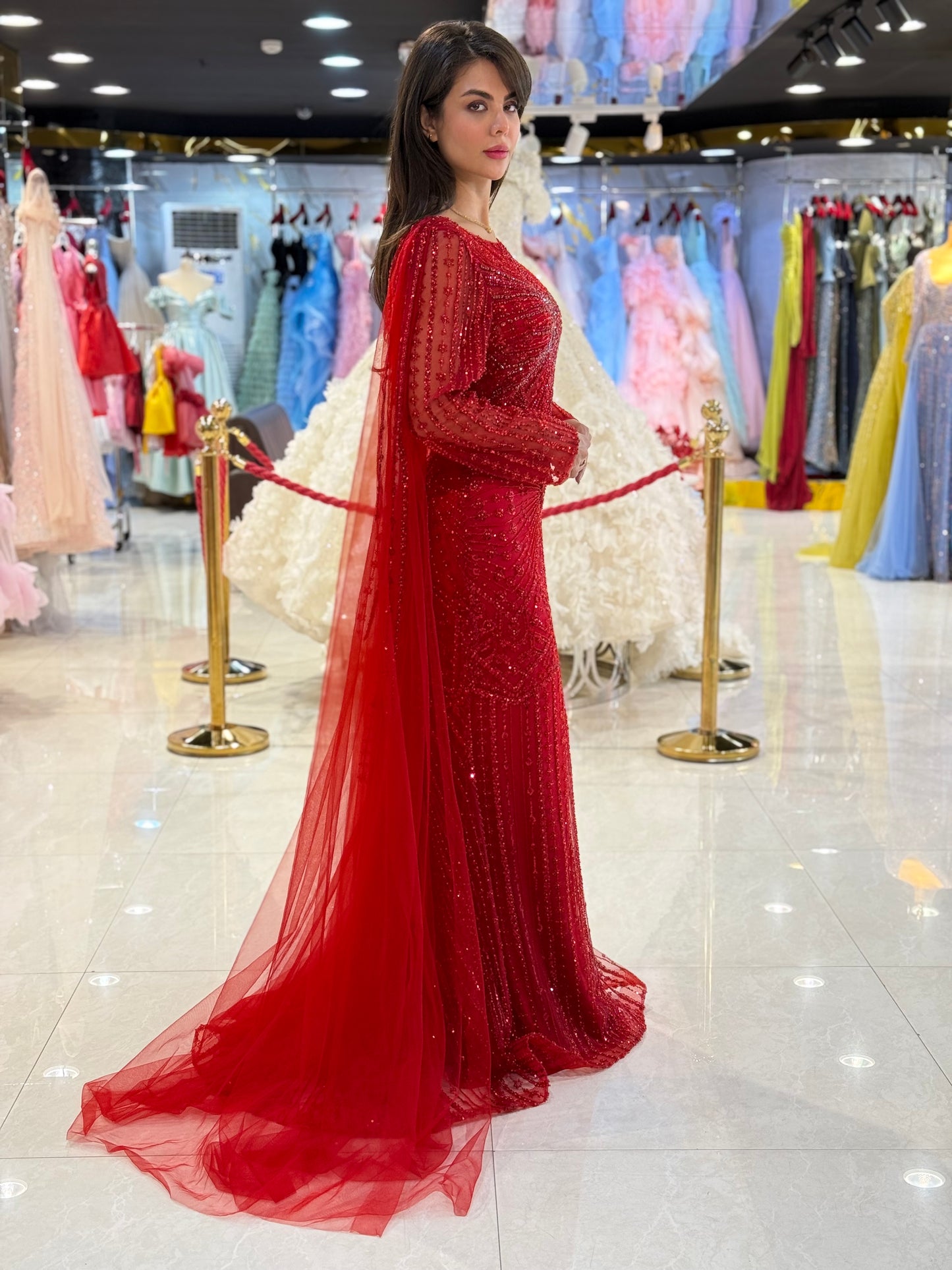 Elegant Beaded Cape Sleeve Evening Gown