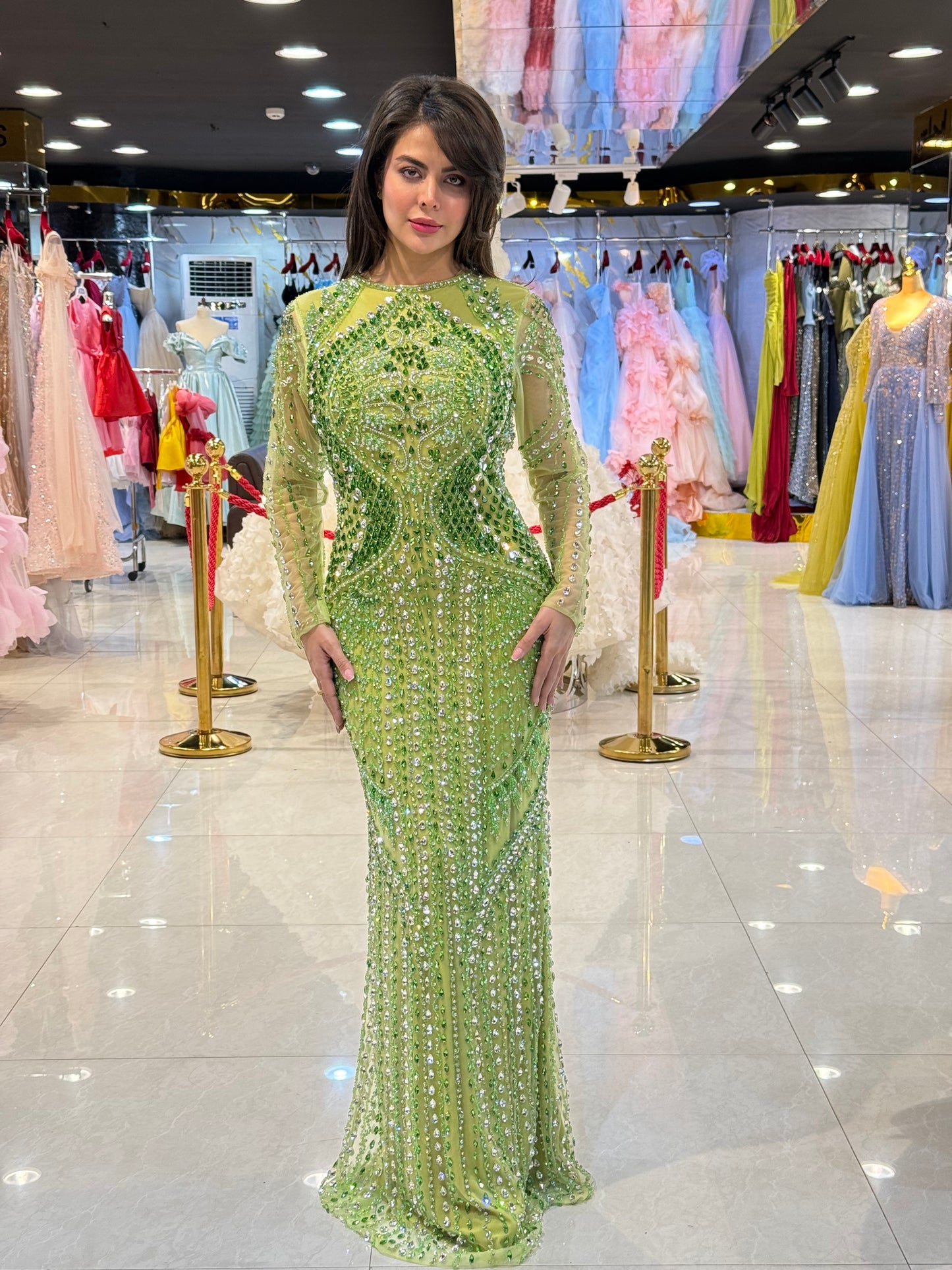Luxury Crystal-Embellished Long-Sleeve Evening Gown