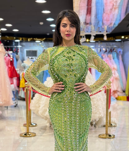 Luxury Crystal-Embellished Long-Sleeve Evening Gown