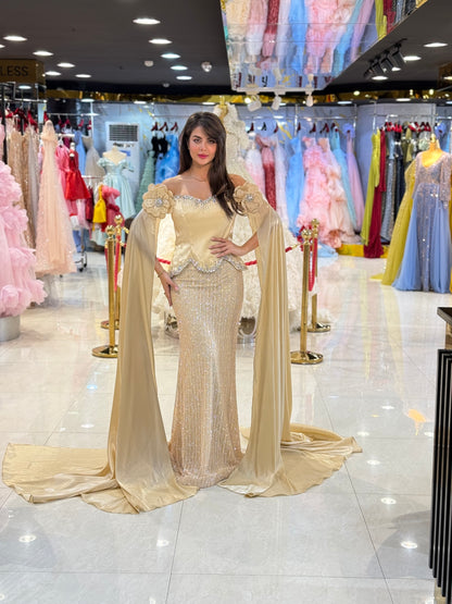 Elegant Off-Shoulder Embellished Evening Gown with Draped Sleeves