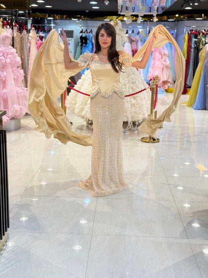 Elegant Off-Shoulder Embellished Evening Gown with Draped Sleeves