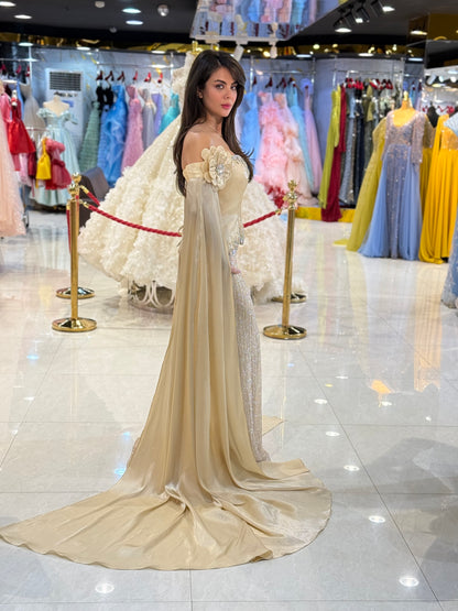 Elegant Off-Shoulder Embellished Evening Gown with Draped Sleeves