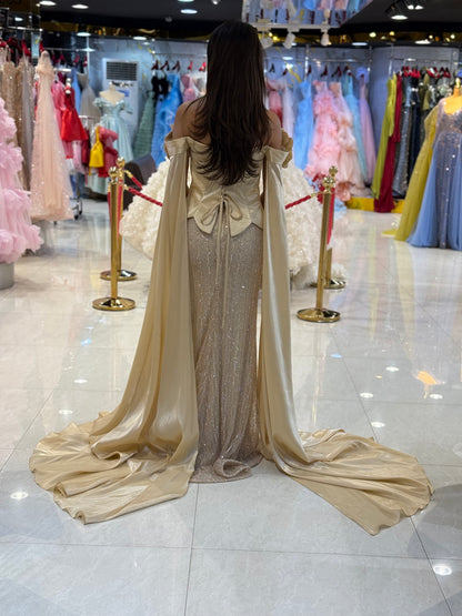 Elegant Off-Shoulder Embellished Evening Gown with Draped Sleeves