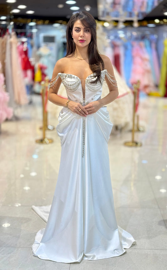 Elegant Pearl-Embellished Off-Shoulder Wedding Dress