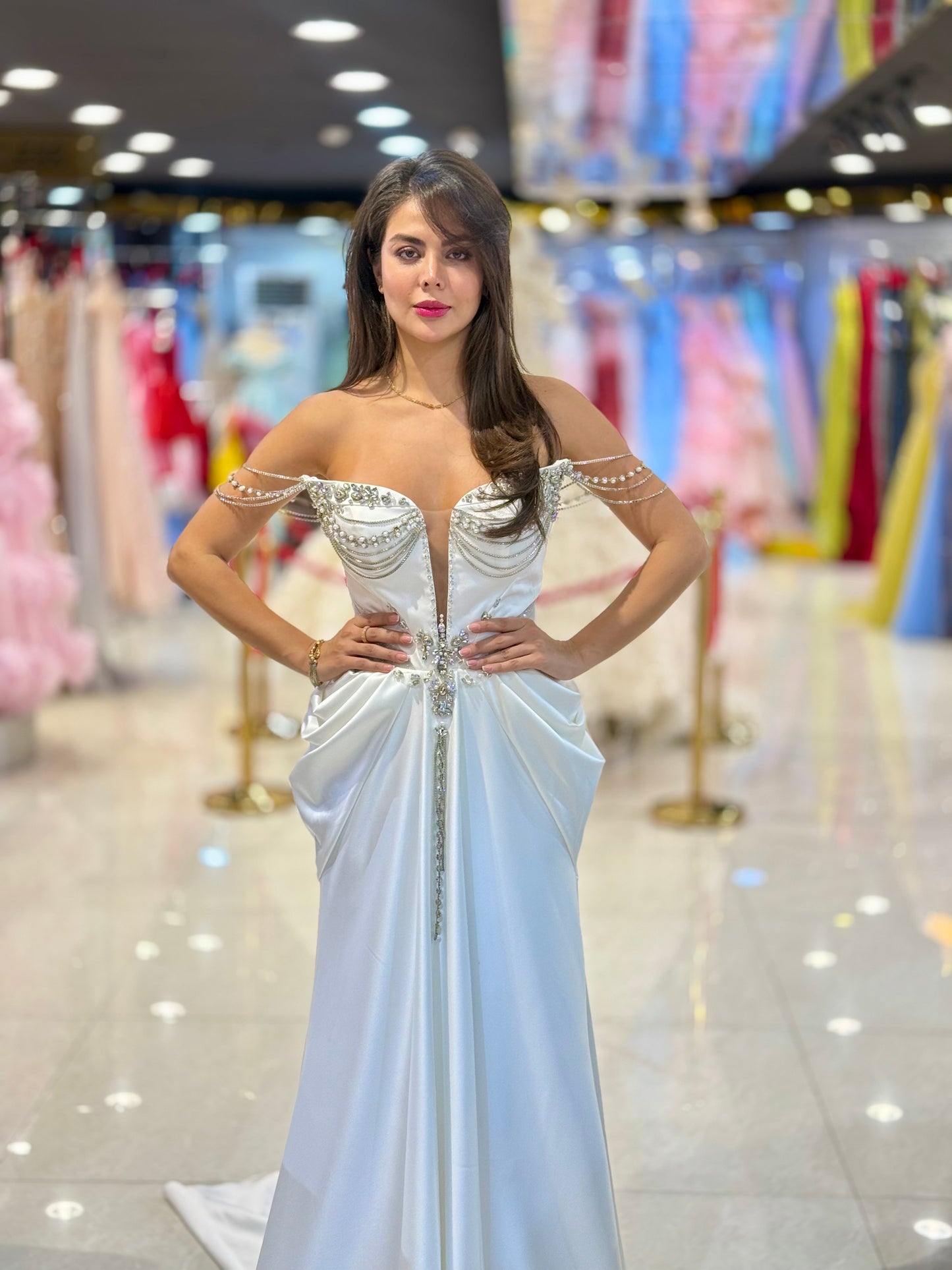 Elegant Pearl-Embellished Off-Shoulder Wedding Dress