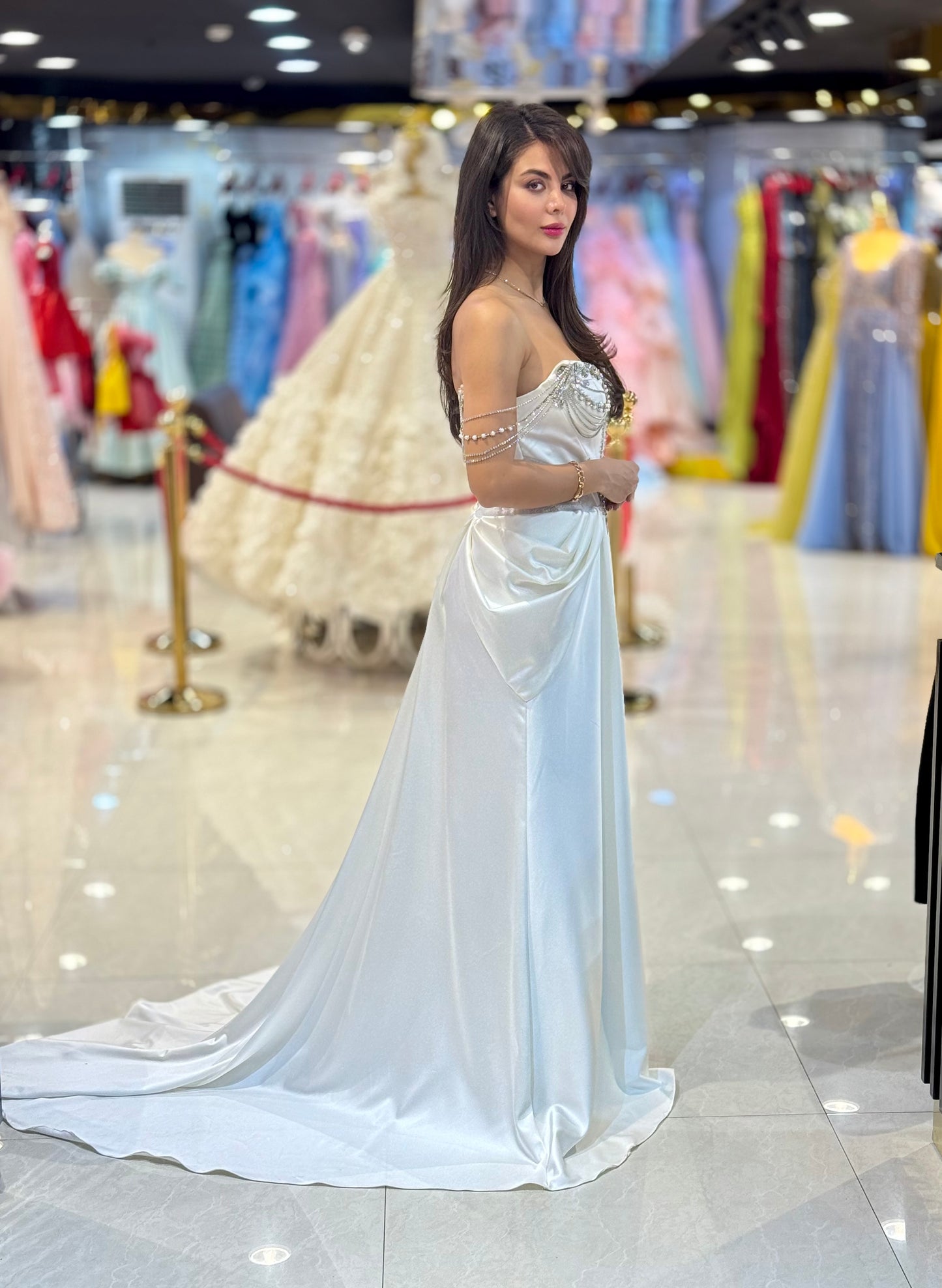 Elegant Pearl-Embellished Off-Shoulder Wedding Dress