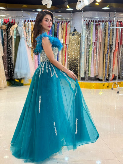 Teal Embellished Evening Gown