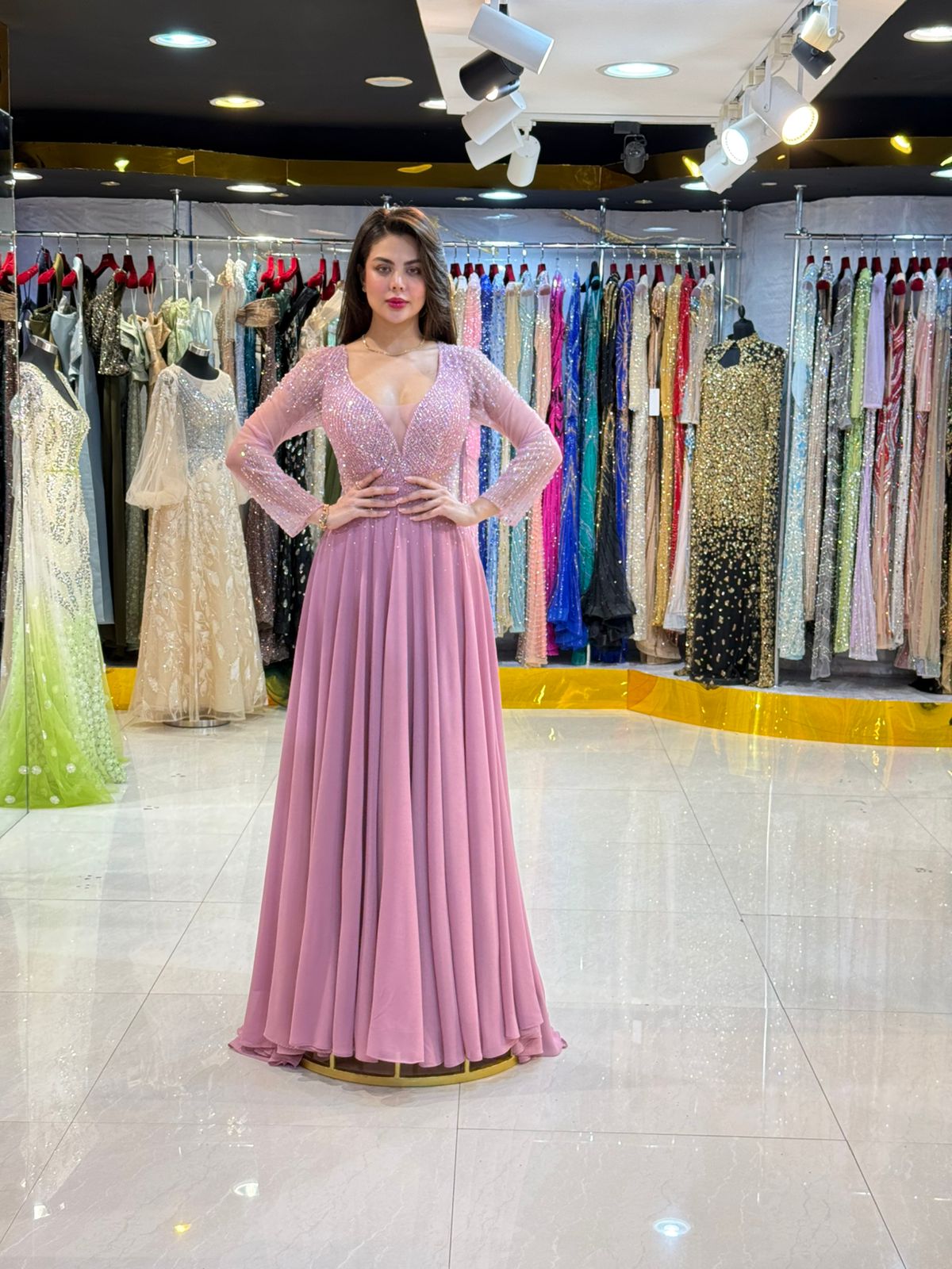 Embellished Long Sleeve Evening Gown