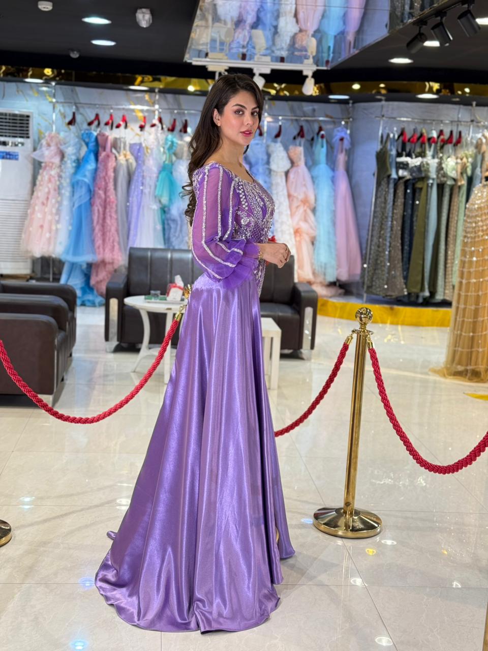 Purple Embroidered Long Sleeve Evening Gown