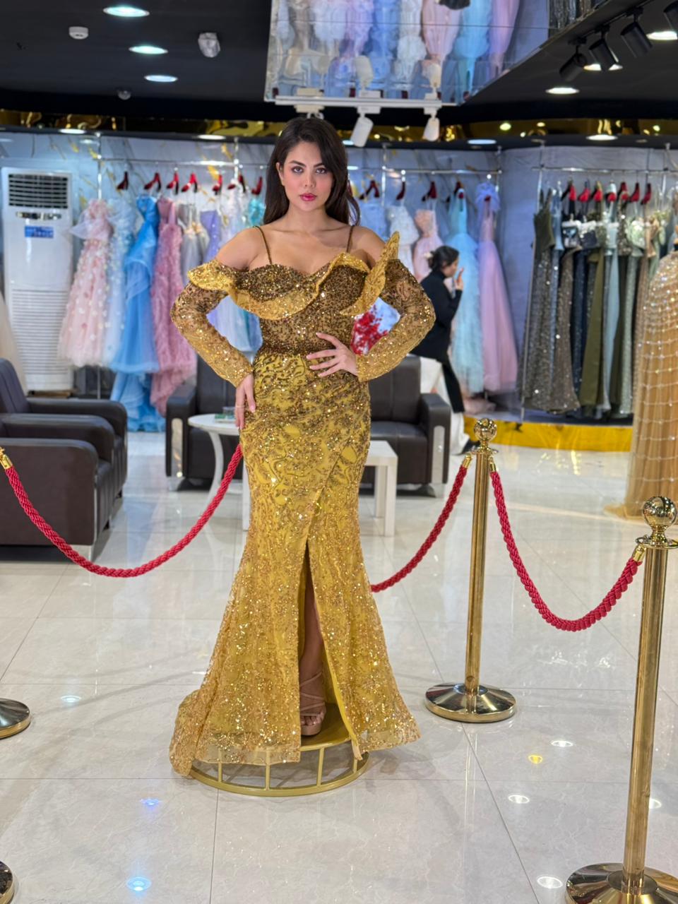 Gold Off-Shoulder Crystal Evening Gown