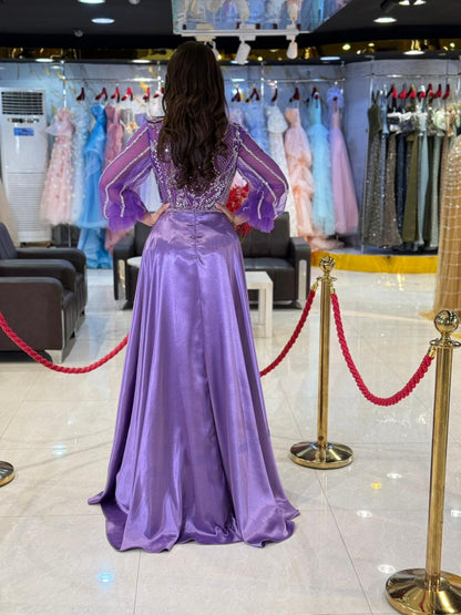 Purple Embroidered Long Sleeve Evening Gown