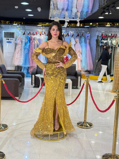 Gold Off-Shoulder Crystal Evening Gown
