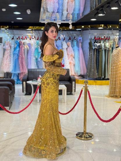 Gold Off-Shoulder Crystal Evening Gown
