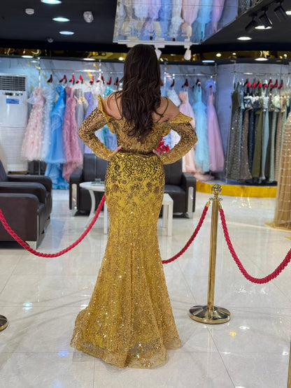 Gold Off-Shoulder Crystal Evening Gown
