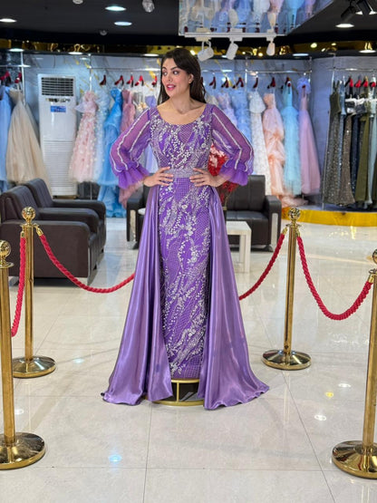 Purple Embroidered Long Sleeve Evening Gown