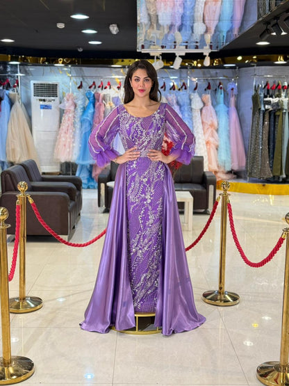 Purple Embroidered Long Sleeve Evening Gown