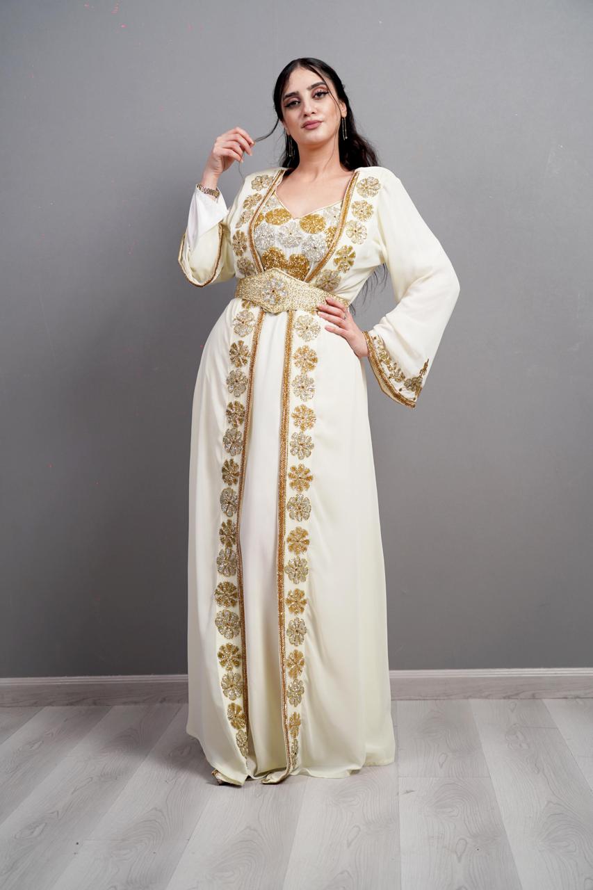 White color kaftan with golden and silver embroidery