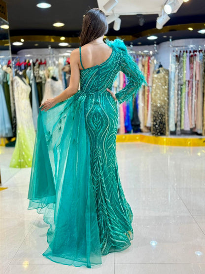 Emerald Green One-Shoulder Beaded Evening Gown.