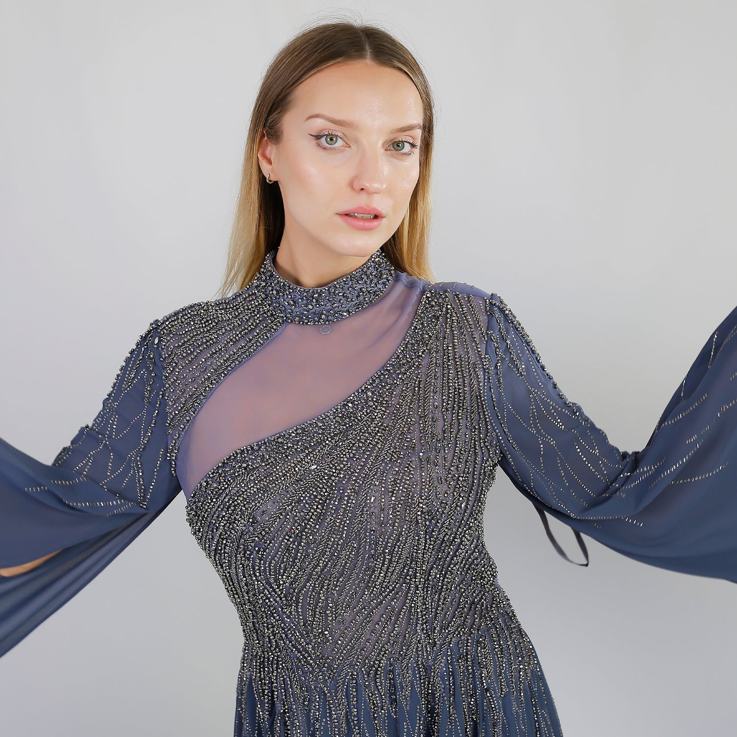 Teal Embellished Cape Gown – Elegant Evening