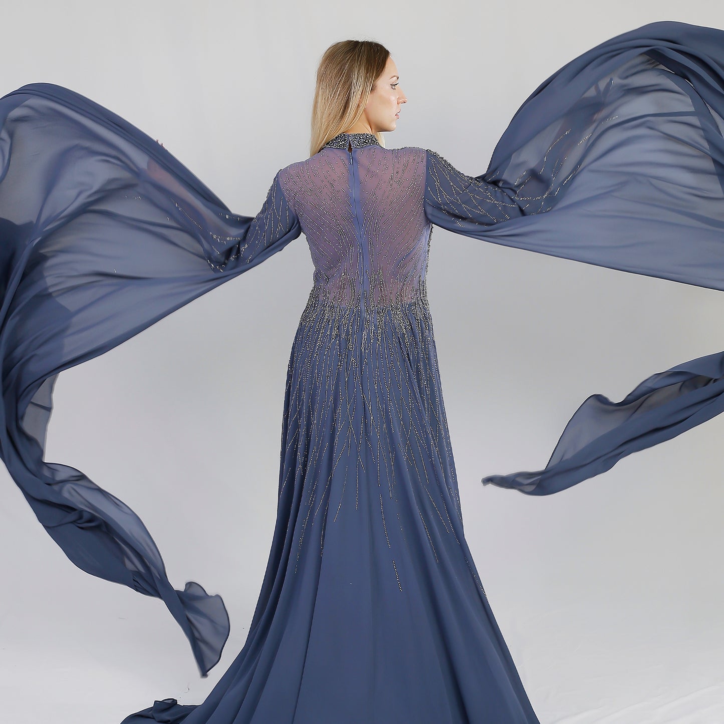 Teal Embellished Cape Gown – Elegant Evening