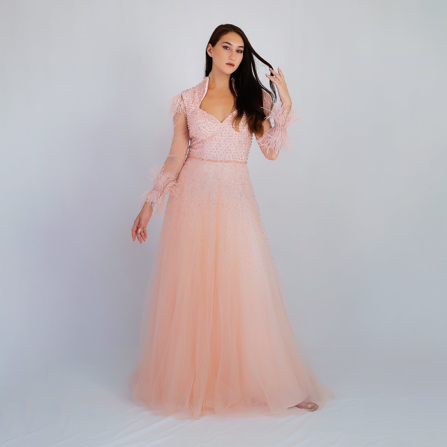 Blush Dream Pink Elegant Feathered Gown