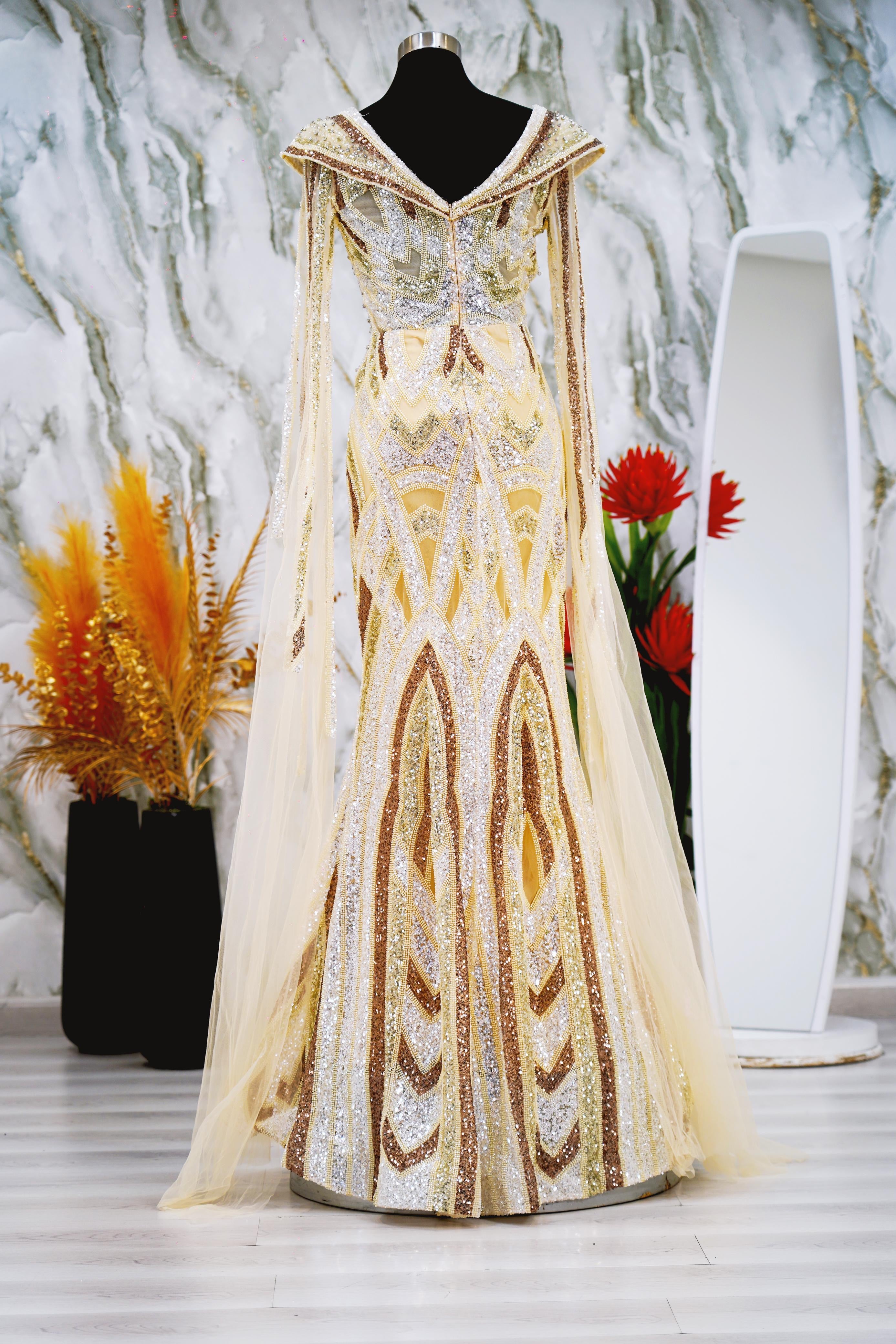 Golden Glamourous Cape Gown